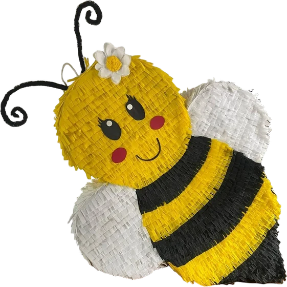 Piñata de abeja con la cara amarilla, una margarita en la cabeza, rayas negras, alas blancas y antenas rizadas.
